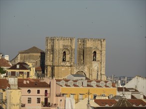 Cathedral with towers and surrounding old town roofs, Lisbon, portugal