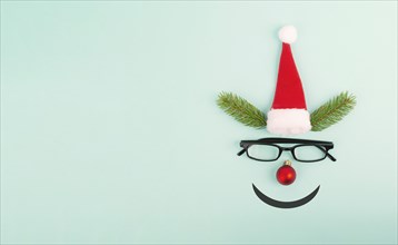Face of a reindeer with a red bauble nose, fir antlers, a santa claus hat and eyeglasses, merry