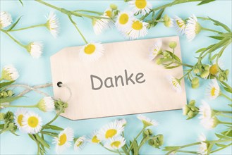 Thanks card surrounded by flowers, german language, being thankful, support, help and charity