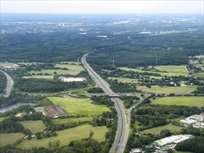 Aerial view of motorway junction Kreuz Breitscheid on motorway A3 A52, North Rhine-Westphalia,