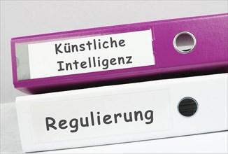 Folders with the words artificial intelligence and regulation, german language, AI technology in