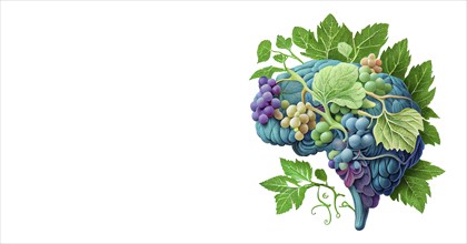 Human brain tree with grapes and leaves, grapevine, wellness and emotion concept, enjoying a glass