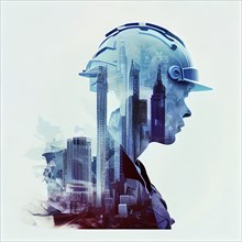 Construction worker, building engineer or architect wearing a helmet, double exposure with
