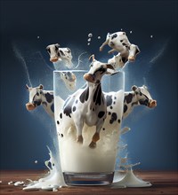 Herd of cow jumping from a glass of milk, milky splash, animal welfare in industry, dairy product