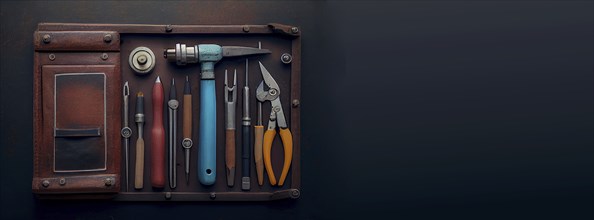 Tool kit with pliers, hammer and screwdriver in a wood box, repair service, labor day