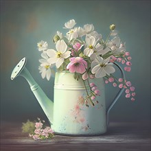 Watering can with spring flowers, wildflowers from the garden, greeting card for motherÂ´s day or