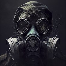 Man with a gas mask, nuclear war and environmental disaster, radioactivity catastrophe, military