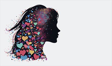 Woman with colorful hearts in her long hair, love and emotion concept, good hearted, positive