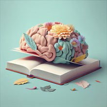 Colorful creative brain with flowers on a book, education concept, brainstorming for ideas,