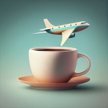 Airplane is flying over a cup of coffee, travel and vacation concept, holiday trip