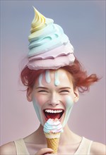Beautiful woman, waffle cone on the head, ice cream melting down the face, summer feeling, vibrant