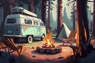 Wanderlust camping adventure in the forest with camper van, fire place and tent