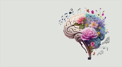Human brain tree with flowers and music notes, self care and mental health concept, positive
