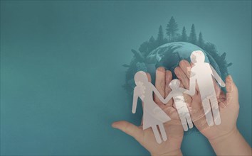 Family with planet earth as silhouette, environment concept, connect and protect to nature, global