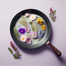 Spring flowers and green leaves in a frying pan on a pastel purple background, creative concept