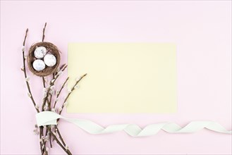 Easter holiday background, wicker nest with small eggs, branches of pussy willow, pastel color,