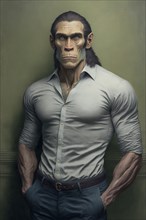 Surreal Chimera Hybrid creature, half ape or monkey, half men wearing business clothes,