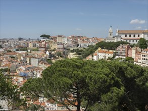 Panorama of a city with old buildings, hills and trees on a clear day, Lisbon, portugal