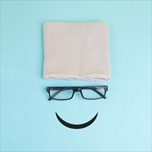 Happy smiling face with eyeglasses and hat, mental health concept, positive mindset, support and