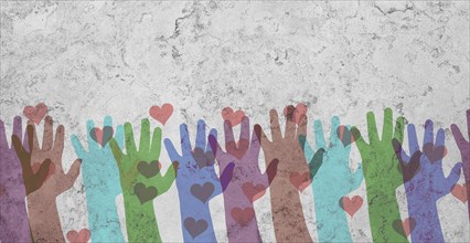 Group of colorful hands with hearts on a wall, volenteer concept, charity and friendship, support