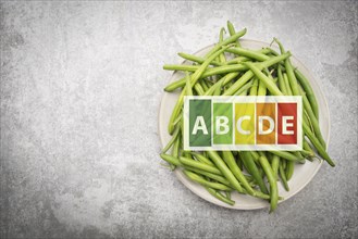 Green fresh string beans on a plate, vegetables, healthy food label, high nutritional values