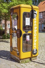 Old public telephone box converted into a swap book or book box, Buxtehude, Lower Saxony, Germany,