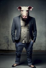 Surreal Chimera Hybrid creature, half man, half pig in mythologie wearing business suit,