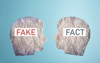 Fake or fact on a head, false and truth information, propaganda and conspiracy theory concept,