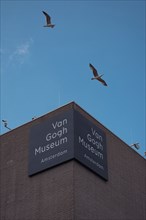 Van Gogh Museum building with seagulls flying in the blue sky, Amsterdam, Netherlands