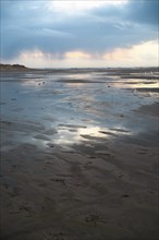 Wadden sea at low tide, North sea beach landscape, coast on Romo island in Denmark at sunset,