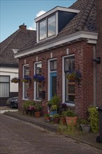 Brick house with blue windows, colourful flower pots on a small street, Ilpendam, Netherlands