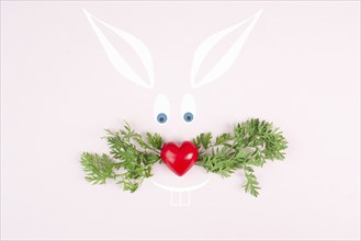 Easter bunny face, heart shaped nose, whiskers from carrot leaves, holiday greeting card, spring