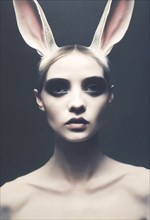 Surreal Mammalian Hybrids creature, half woman, half rabbit in mythologie, portrait of an easter