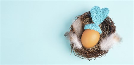 Easter bunny or rabbit in a bird nest, made from an egg and crocheted ears, spring holiday,