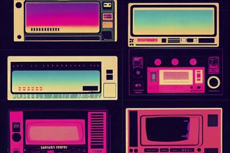 Radio tape recorder in retrowave 80s style, vibrant colors, music technology, cassette player