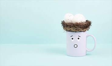 Cup with an easter egg nest, surprised face, spring holiday greeting card