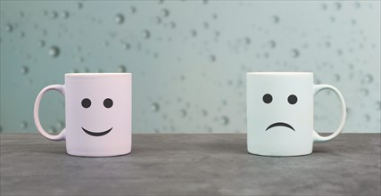 Happy and sad face, cups on a window sill, hot drink on a rainy day, relationship and friendship