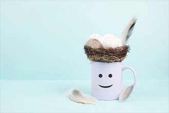Cup with an easter egg nest, bird feathers and a smiling happy face, spring holiday greeting card