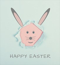 Happy easter, cute bunny greeting card, invitation for the holiday, pastel colored cartoon