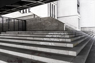 Graffiti on steps below the Franklinbrücke, a road and pedestrian bridge in Düsseldorf-Pempelfort,