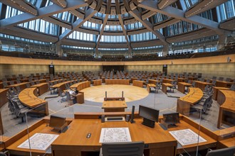 The empty plenary chamber of the North Rhine-Westphalia state parliament in Düsseldorf, North