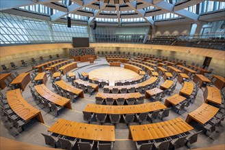 The empty plenary chamber of the North Rhine-Westphalia state parliament in Düsseldorf, North