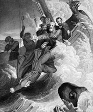 Jonah or Jonah is thrown from the boat into the water and is swallowed and saved by the whale,