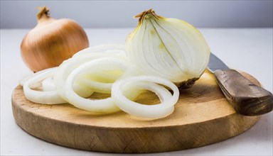 Vegetables, onion, Allium cepa, freshly cut onion rings on a wooden board, Studio