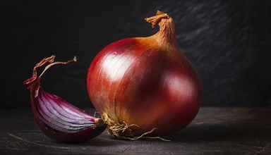 Vegetables, onion, Allium cepa, single ripe onion and a piece of shallot bulb, still life in