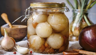 Vegetables, onion, Allium cepa, pickled onions in a large jar