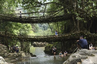 Tourists at the Bouble decker living root bridge amid COVID-19 coronavirus pandemic, in Nongriat