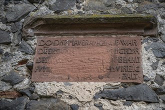 Close-up Foundation stone with founding inscription of Ronneburg Castle, Germany, Europe