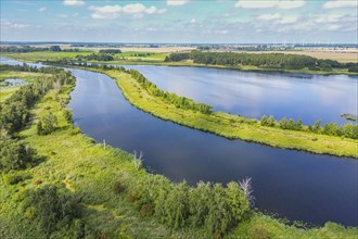 Aerial view, drone photo: River Peene with wetlands and lakes, Flusslandschaft Peenetal nature park