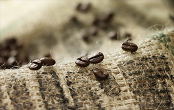 Coffee beans on coffee sack, close-up